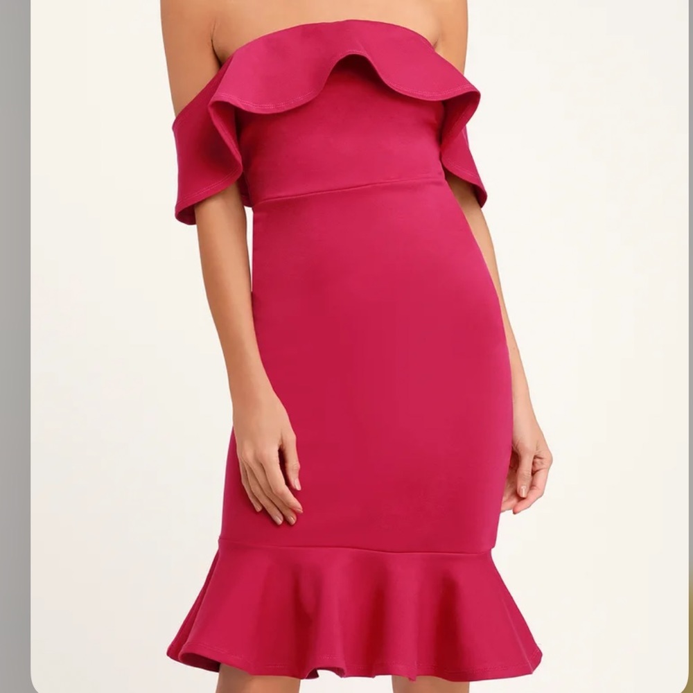 Magenta Off-the-Shoulder Bodycon Midi Dress